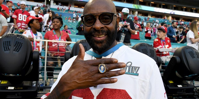 Jerry Rice attends the Super Bowl LIV at Hard Rock Stadium on February 02, 2020 in Miami Gardens, Florida.
