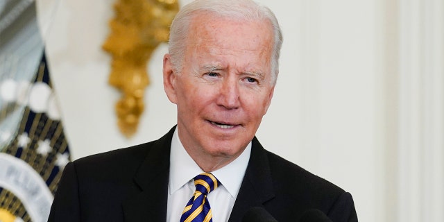 President Biden speaks during the 2022 National and State Teachers of the Year event in the East Room of the White House in Washington, Wednesday, April 27, 2022. (AP Photo/Susan Walsh)