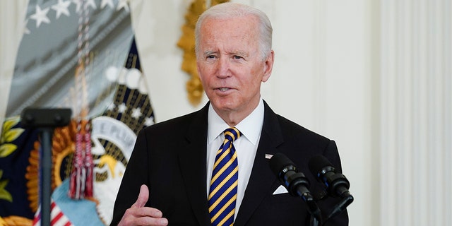 President Biden speaks during the 2022 National and State Teachers of the Year event in the East Room of the White House in Washington, Wednesday, April 27, 2022. 