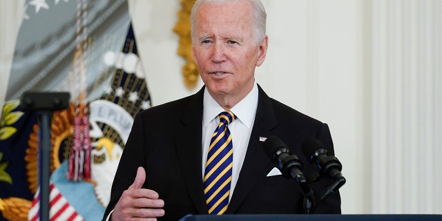 President Biden speaks during the 2022 National and State Teachers of the Year event in the East Room of the White House in Washington, Wednesday, April 27, 2022. (AP Photo/Susan Walsh)