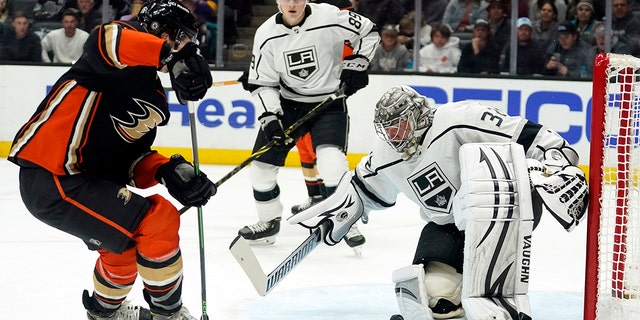 Los Angeles Kings goalie Jonathan Quick stops a shot during the second period of a game against the Anaheim Ducks on April 19, 2022 in Anaheim, California.