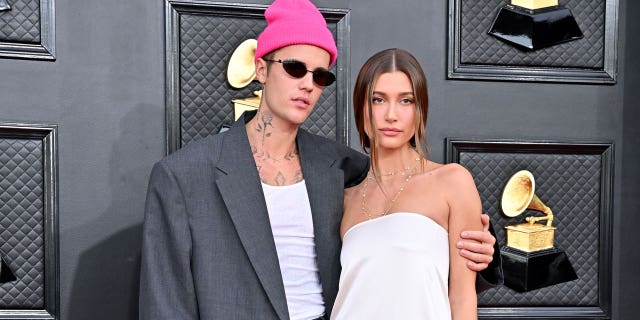 Hailey Bieber said her shared Christian values with husband Justin Bieber are a major reason they are together. Pictured at the Grammy Awards in April