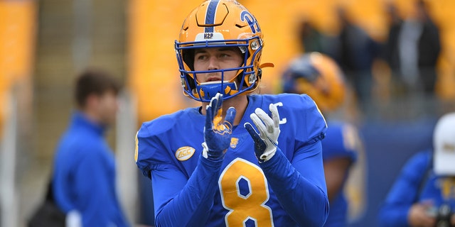 Kenny Pickett of the Pittsburgh Panthers warms up before a game against the Miami Hurricanes at Heinz Field Oct. 30, 2021, in Pittsburgh.