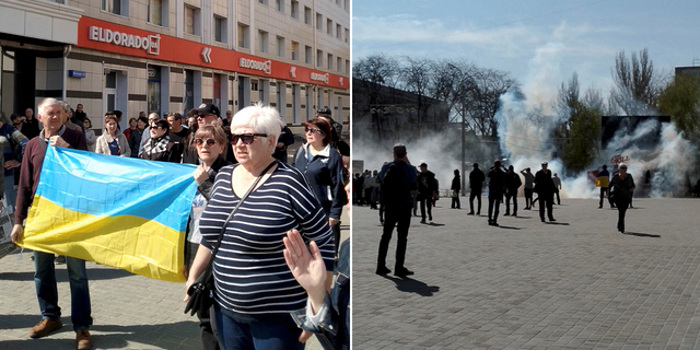 Pessoas são vistas fugindo depois que gás lacrimogêneo foi disparado na quarta-feira, 27 de abril, durante uma manifestação pró-Ucrânia em Kherson.