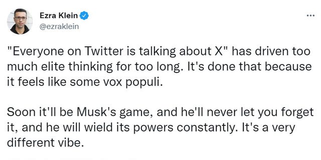 New York Times columnist Ezra Klein broke with his fellow liberals over Elon Musk's purchase of Twitter in an April 27, 2022 tweet thread. (Screenshot/Twitter)