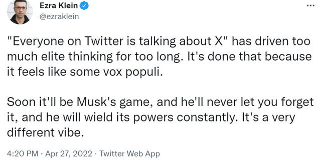 New York Times columnist Ezra Klein broke with his fellow liberals over Elon Musk's purchase of Twitter in an April 27, 2022 tweet thread. (Screenshot/Twitter)