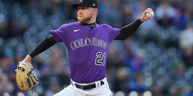 Colorado Rockies starting pitcher Kyle Freeland throws to a Chicago Cubs batter during the first inning of a baseball game Thursday, April 14, 2022, in Denver.