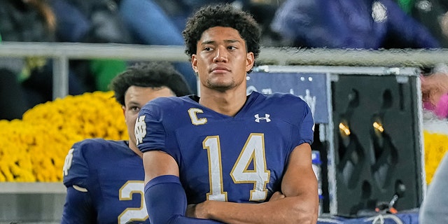 Notre Dame Fighting Irish safety Kyle Hamilton watches the action against the USC Trojans on Oct. 23, 2021, in South Bend, Indiana.