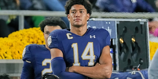 Notre Dame Fighting Irish safety Kyle Hamilton watches the action against the USC Trojans on Oct. 23, 2021, in South Bend, Indiana.