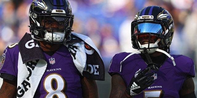 Ravens Lamar Jackson and Marquise Brown after warming up before the Minnesota Vikings game at M&T Bank Stadium on Nov. 7, 2021, in Baltimore, Maryland.
