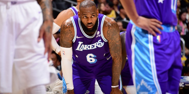 LeBron James of the Los Angeles Lakers during the game against the New Orleans Pelicans on April 1, 2022 at Crypto.Com Arena in Los Angeles, California.