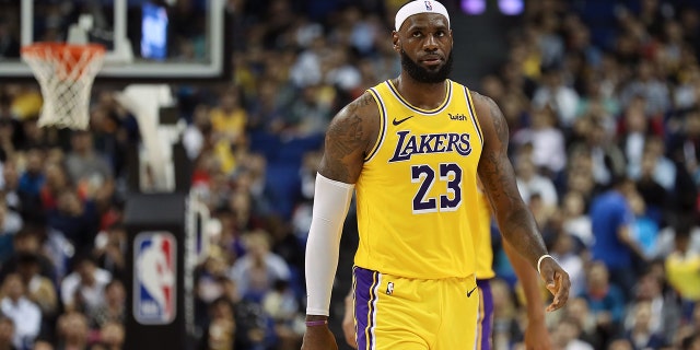 LeBron James of the Los Angeles Lakers reacts during a preseason game against the Brooklyn Nets on Oct. 10, 2019, in Shanghai, China.