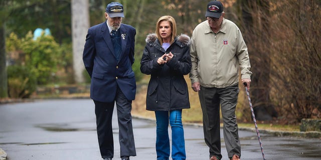Republican Senate candidate Leora Levy of Connecticut, a Greenwich businesswoman and member of the Republican National Committee, meets with veterans in Greenwich, Connecticut, March 16, 2022.