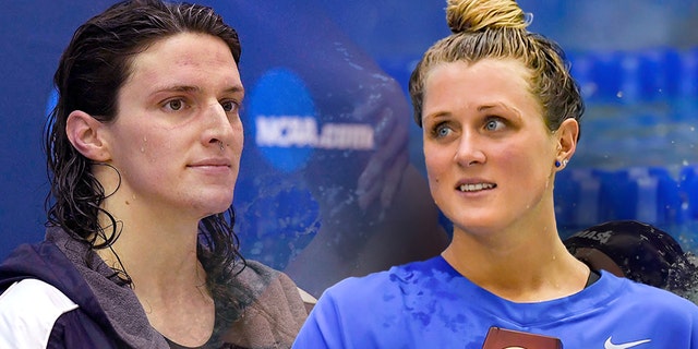 Former University of Pennsylvania swimmer Lia Thomas (left) and former Kentucky swimmer Riley Gaines are shown after they tied for 5th in the 200 Freestyle finals at the NCAA Swimming and Diving Championships on March 18, 2022, at the McAuley Aquatic Center in Atlanta, Georgia. Gaines was a 12-time All-American swimmer forced to compete against a biological male.  