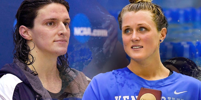 Former University of Pennsylvania swimmer Lia Thomas (left) and former Kentucky swimmer Riley Gaines are shown after they tied for 5th in the 200 Freestyle finals at the NCAA Swimming and Diving Championships on March 18, 2022, at the McAuley Aquatic Center in Atlanta, Georgia. Gaines was a 12-time All-American swimmer forced to compete against a biological male.  