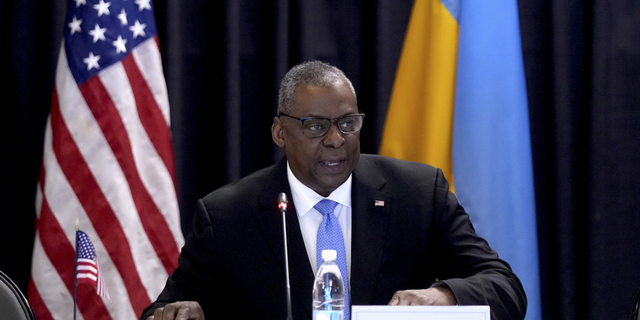 U.S. Secretary of Defense, Lloyd Austin, delivers a speech as he hosts the meeting of the Ukraine Security Consultative Group at Ramstein Air Base in Ramstein, Germany, on Tuesday, April 26.