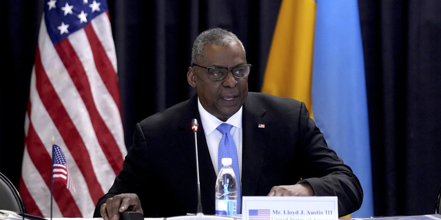 U.S. Secretary of Defense, Lloyd Austin, delivers a speech as he hosts the meeting of the Ukraine Security Consultative Group at Ramstein Air Base in Ramstein, Germany, on Tuesday, April 26.