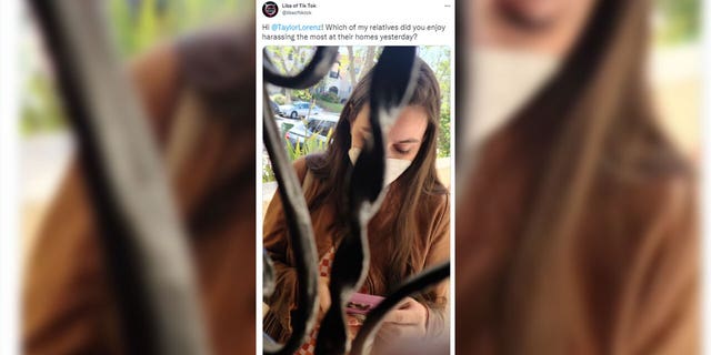 Libs of TikTok shared a photo showing Washington Post journalist Taylor Lorenz allegedly at the doorstep of one of her relatives in April. (Libs of TikTok/Twitter)