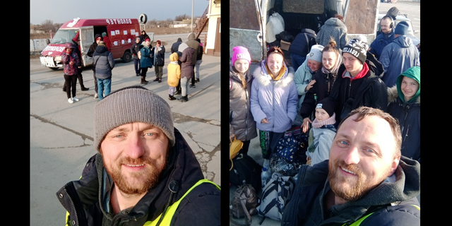 Mykhailo Puryshev poses for selfies with people fleeing Russia's invasion, in Zaporizhzhia, Ukraine, in these undated photos obtained by Reuters on Tuesday, April 26, 2022.
