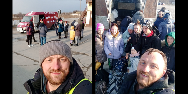 Mykhailo Puryshev poses for selfies with people fleeing the Russian invasion, in Zaporizhzhia, Ukraine, in this undated photo obtained by Reuters on Tuesday, April 26, 2022.