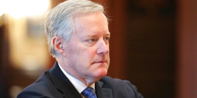 Former White House chief of staff Mark Meadows listens during an announcement of the creation of a new South Carolina Freedom Caucus based on a similar national group at a news conference on April 20, 2022, in Columbia, South Carolina.