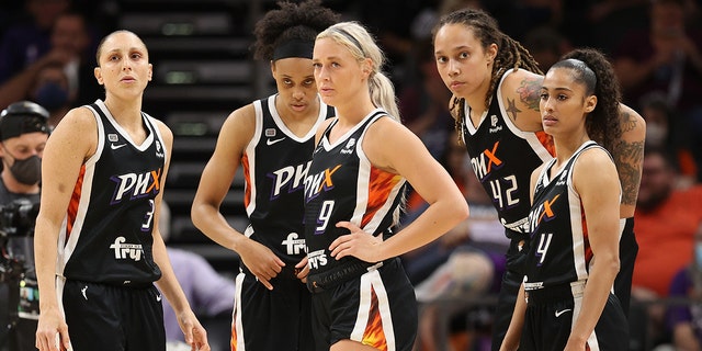 Diana Taurasi, Brianna Turner, Sophie Cunningham, Brittney Griner and Skylar Diggins-Smith of the Phoenix Mercury in Game Two of the 2021 WNBA Finals at Footprint Center on Oct. 13, 2021 in Phoenix, Arizona.