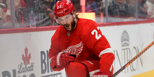 Detroit Red Wings center Michael Rasmussen (27) celebrates his goal against the Boston Bruins in the second period of an NHL hockey game Tuesday, April 5, 2022, in Detroit.