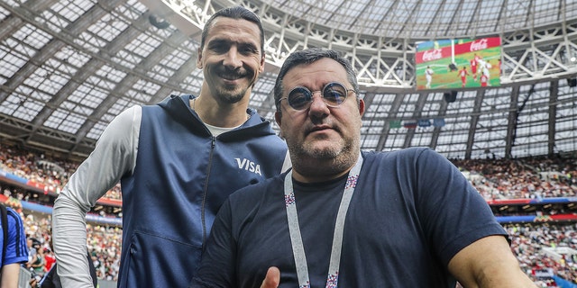 FILE - Zlatan Ibrahimovic and players agent Mino Raiola during the 2018 FIFA World Cup Russia group F match between Germany and Mexico at the Luzhniki Stadium on June 17, 2018 in Moscow. 
