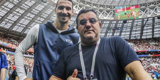 FILE - Zlatan Ibrahimovic and players agent Mino Raiola during the 2018 FIFA World Cup Russia group F match between Germany and Mexico at the Luzhniki Stadium on June 17, 2018 in Moscow.