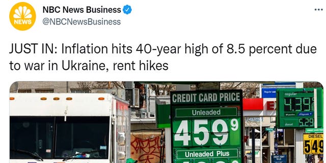 NBC News Business tweeted "JUST IN: Inflation hits 40-year high of 8.5 percent due to war in Ukraine, rent hikes"