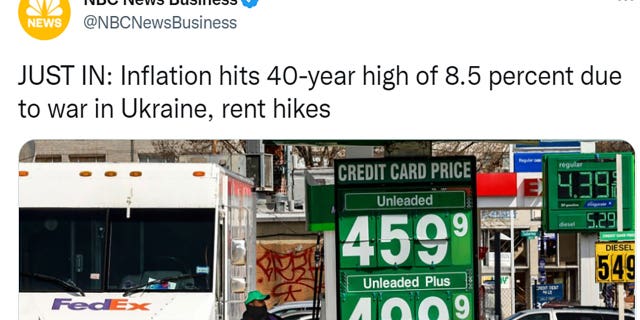 NBC News Business tweeted "JUST IN: Inflation hits 40-year high of 8.5 percent due to war in Ukraine, rent hikes"