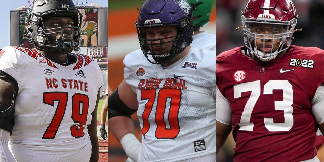 NC State's Ikem Ekwonu, left, Northern Iowa's Taylor Penning, center, and Alabama's Evan Neal.