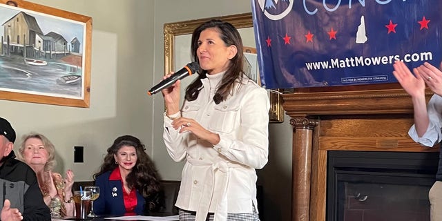 Former ambassador to the United Nations and former South Carolina Gov. Nikki Haley campaigns on behalf of GOP congressional candidate Matt Mowers of New Hampshire at an event on April 4, 2022, in Derry, New Hampshire.