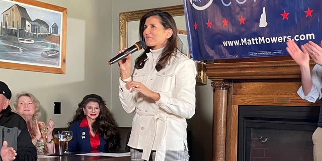 Former United Nations Ambassador and former South Carolina Gov. Nikki Haley campaigns on behalf of GOP congressional candidate Matt Mowers of New Hampshire at an event in Derry, New Hampshire, on April 4, 2022.