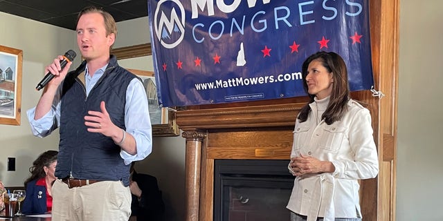 Former Ambassador to the United Nations and former South Carolina Gov.  Nikki Haley campaigns on behalf of GOP congressional candidate Matt Mowers of New Hampshire, at an event on April 4, 2022, in Derry, NH