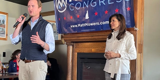 Former Ambassador to the United Nations and former South Carolina Gov.  Nikki Haley campaigns on behalf of GOP congressional candidate Matt Mowers of New Hampshire, at an event on April 4, 2022, in Derry, NH