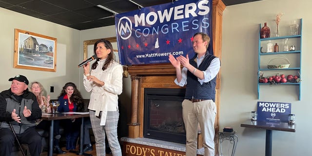 Former Ambassador to the United Nations and former South Carolina Gov. Nikki Haley campaigns on behalf of GOP congressional candidate Matt Mowers of New Hampshire, at an event on April 4, 2022 in Derry, N.H.
