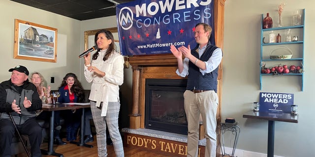 Former Ambassador to the United Nations and former South Carolina Gov. Nikki Haley campaigns on behalf of GOP congressional candidate Matt Mowers of New Hampshire, at an event on April 4, 2022 in Derry, N.H.