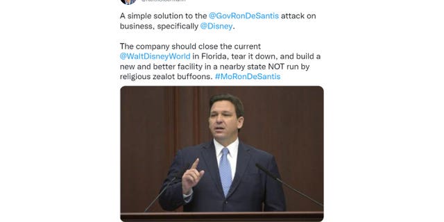 Former MSNBC host Keith Olbermann urged Disney to leave the state of Florida in an April 20, 2022 tweet criticizing Florida Gov. Ron DeSantis. (Screenshot/Twitter)