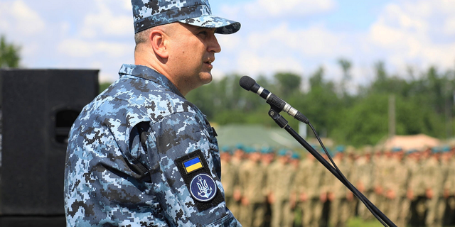 Rear Admiral Oleksiy Neizhpapa, commander of the Ukrainian Naval Forces, speaks during the opening ceremony for the Sea Breeze multinational maritime exercise in the Kherson Region of Ukraine in June 2021.