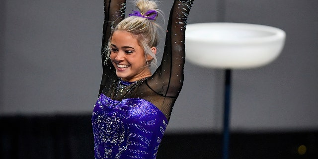 LSU Tigers freshman gymnast Olivia Dunne performs on the uneven bars during the 2021 NCAA Women Gymnastics Championships at Dickies Arena in Fort Worth, Texas, April 16, 2021.