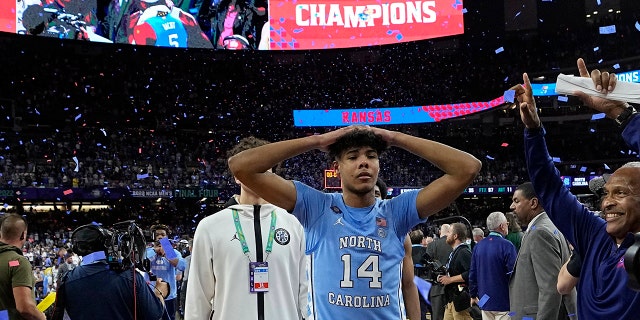 North Carolina guard Puff Johnson leaves after their loss against Kansas in a college basketball game in the finals of the Men's Final Four NCAA tournament, Monday, April 4, 2022, in New Orleans.
