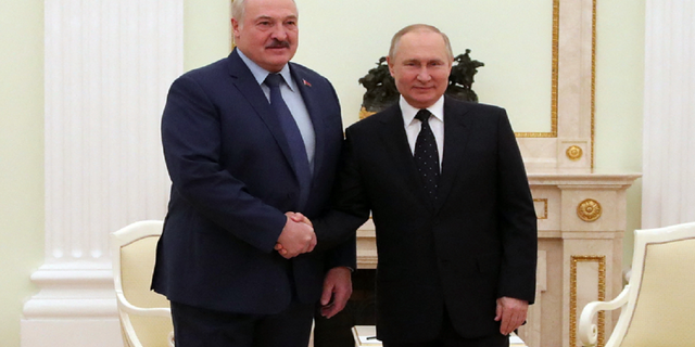 Russian President Vladimir Putin meets with his Belarusian counterpart Alexander Lukashenko at the Kremlin in Moscow. 