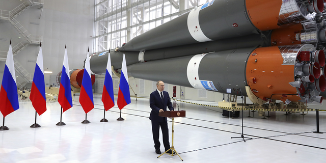 Russian President Vladimir Putin delivers his speech at a rocket assembly factory during his visit to the Vostochny cosmodrome outside the city of Tsiolkovsky on Tuesday. 