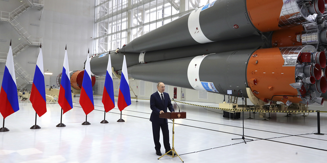 Russian President Vladimir Putin delivers his speech at a rocket assembly factory during his visit to the Vostochny cosmodrome outside the city of Tsiolkovsky on Tuesday. 