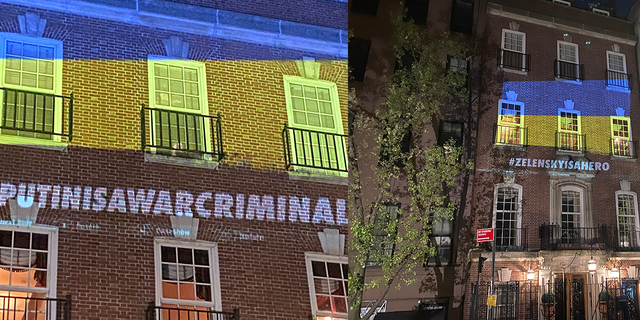 A Ukrainian activist group projected the colors of the Ukrainian flag and anti-Vladimir Putin slogans onto the Manhattan townhouse of the Russian ambassador to the United Nations.