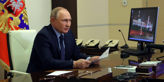 On Friday, Russian President Vladimir Putin is chairing a Security Council meeting via video conference at the Novo-Ogaryovo residence outside Moscow, Russia.