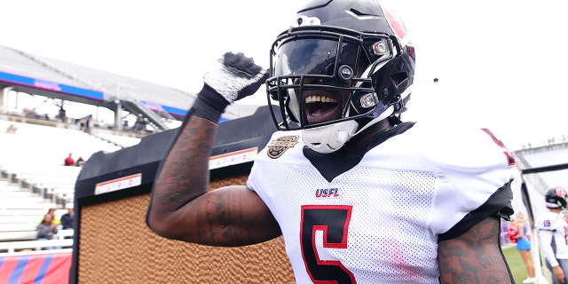 Reggie Northrup #5 of Houston Gamblers reacts on the sideline in the second quarter of the game against the Michigan Panthers at Protective Stadium on April 17, 2022 in Birmingham, Alabama.