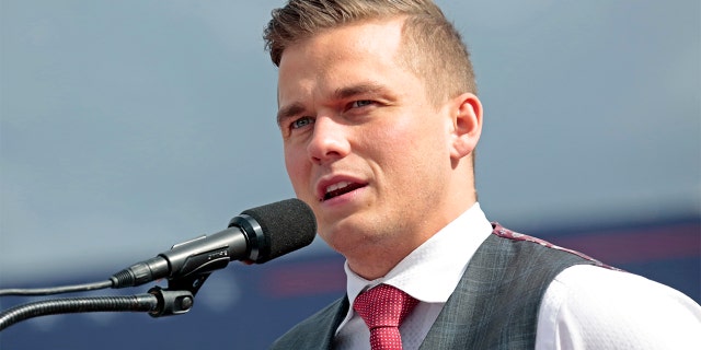 FILE - U.S. Rep. Madison Cawthorn, R-N.C., speaks to the crowd before former President Donald Trump takes the stage at a rally, April 9, 2022, in Selma, N.C. (AP Photo/Chris Seward, File)