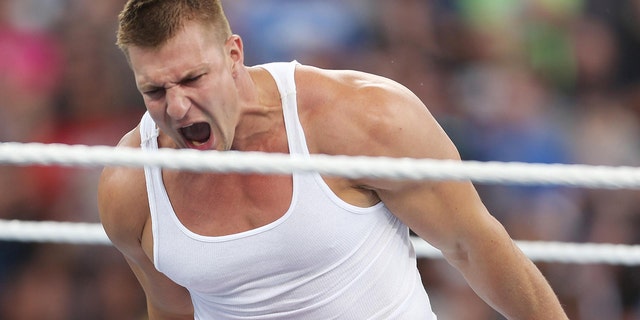Rob Gronkowski screams in the ring during WrestleMania 33 on Sunday, April 2, 2017 at Camping World Stadium in Orlando, Fla.